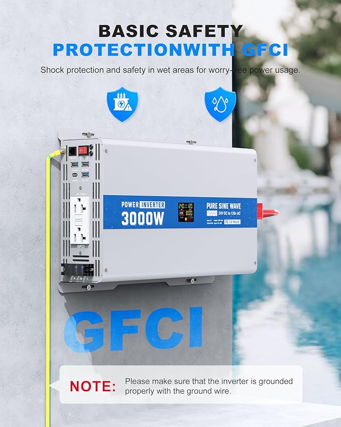 3000W Pure Sine Wave Power Inverter 24V DC to 120V AC Converter, Off-Grid Solar, RV, Truck, Boat, Car with Dual GFCI Outlets, 30W USB, 18W Type-C for Emergency Power,Gray Blue