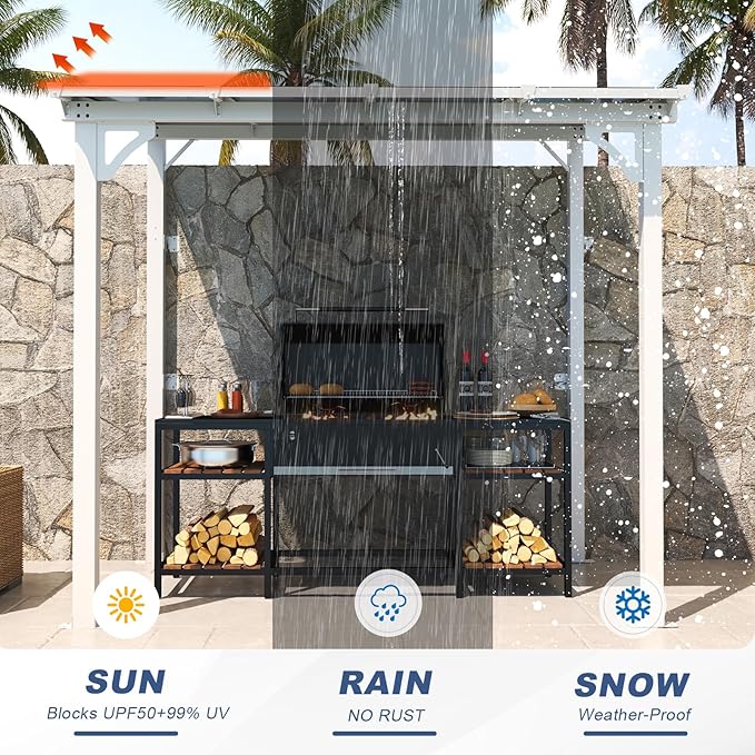 MEISSALIVVE 8' x 5' Gazebo Outdoor Pergola for Patio, Small Wall Mounted Lean to Metal Awnings with Sloped Roof, Heavy Duty Awnings for Patio, Decks, Backyard, White