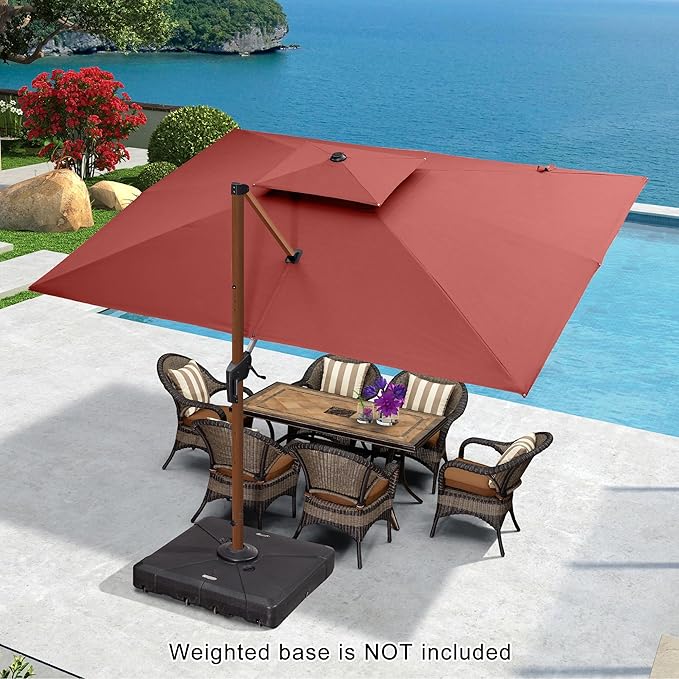 PURPLE LEAF 9' X 12' Double Top Deluxe Wood Pattern Rectangle Patio Umbrella Offset Hanging Umbrella Outdoor Market Umbrella Garden Umbrella, Brick Red