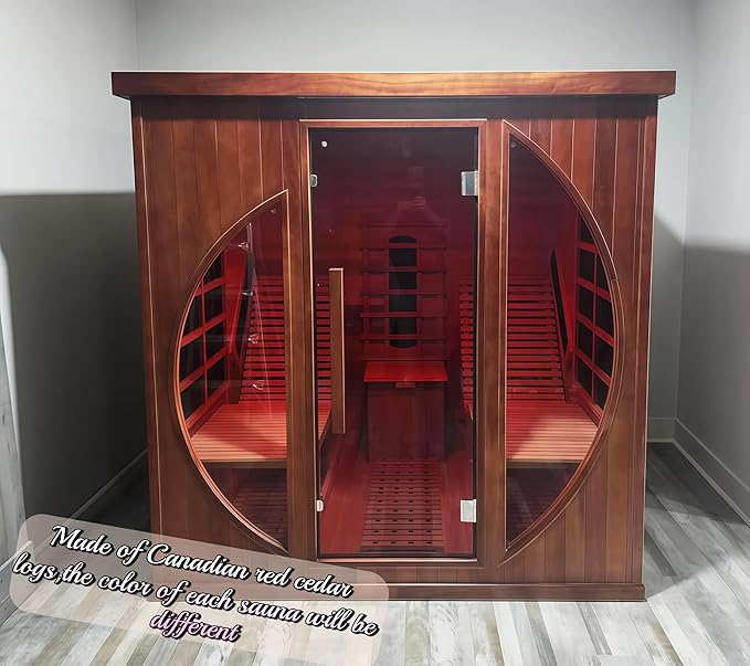 Far Infrared Wooden Sauna Room, Luxurious Canadian Red Cedar Sauna with 2 Oversize Recliners, 220V, 3400 W, 9 Heating Element, Bluetooth Speakers, 7 Color Light, Oxygen Bar, Low EMF