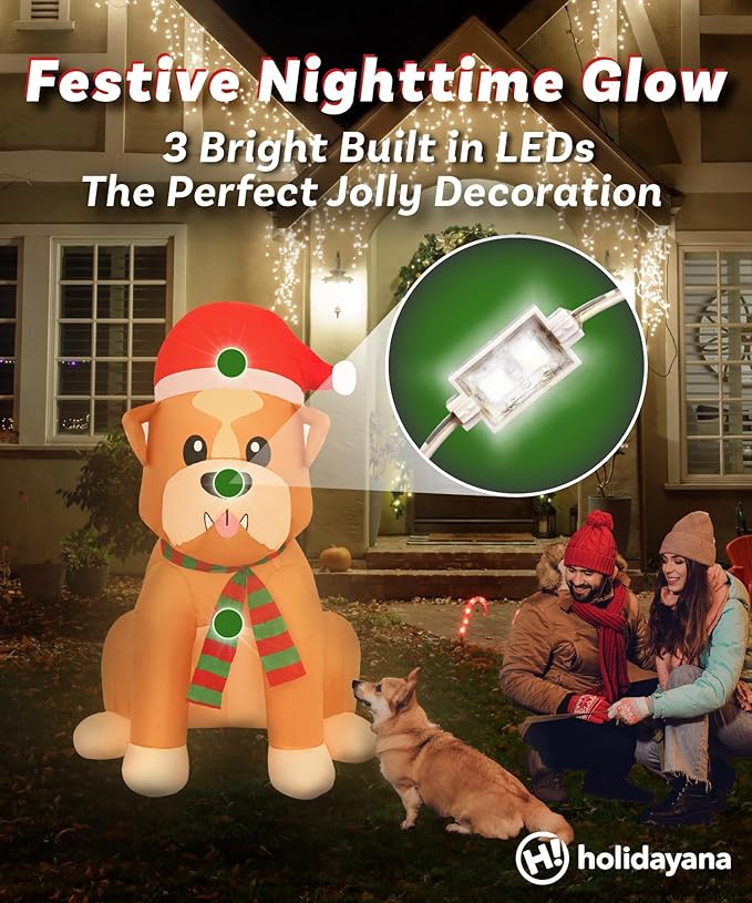Holidayana Christmas Inflatables Large 5 ft Santa Hat Bulldog - Inflatable Outdoor Christmas Decorations Blow Up X-mas Decorations for Yard, Lawn & Garden Internal Lights & Built-in Fan