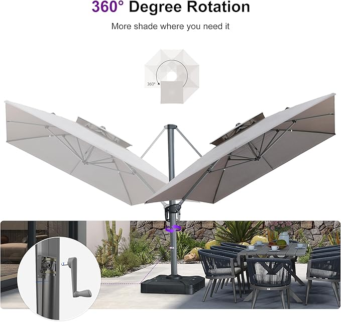PURPLE LEAF Sunbrella Patio Umbrella 10' X 13' Outdoor Cantilever Umbrella Large Rectangle Double Top Heavy Duty Offset Umbrella with 360-Degree Rotation for Pool Garden Deck Cast Ash