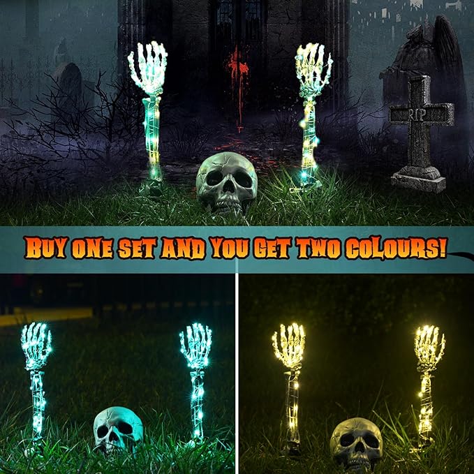 Halloween Lighted Skeleton Set, Skeleton Head & Arm Stakes with 2 Green 3 m LED Lights & 2 Warm 3 m LED Lights (3 Lighting Modes), Realistic Halloween Decor for Outdoor Garden Yard Graveyard