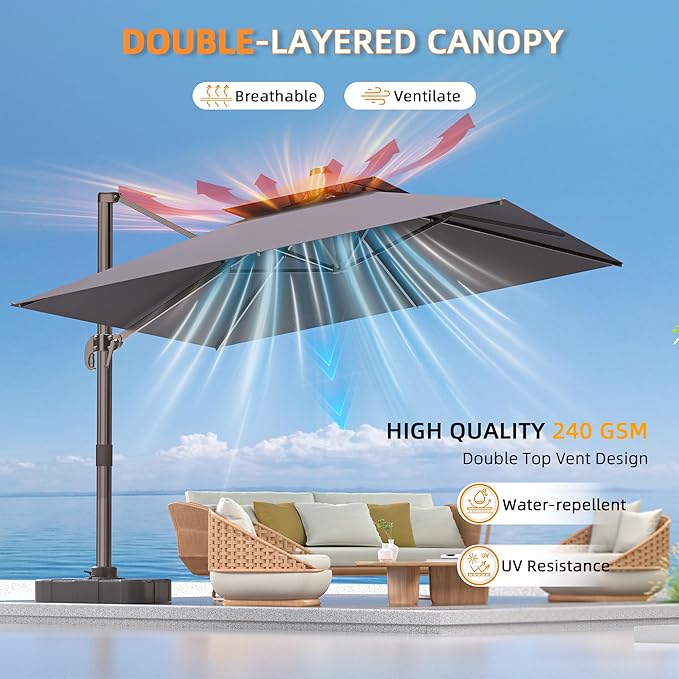 9' X 12' Cantilever Outdoor Patio Umbrellas with Base Included, Large Rectangle Umbrella Heavy Duty 360°Rotation Offset Umbrella for Garden Deck Pool Patio,Grey