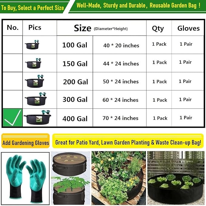 400 Gallon Large Raised Garden Bed Bag (70x24 inch) Big Garden Bag Sturdy Plant Grow Bag for Tomato,Potato Planter,Herb Veggies Planter Bag,Flower Bed,Yard Waste Bag,Lawn Debris Bag,Leaf Bag W/ Gloves