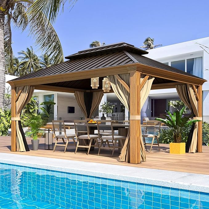 MELLCOM 12' x 14' Hardtop Gazebo, Wooden Finish Coated Aluminum Frame Gazebo with Galvanized Steel Double Roof, Outdoor Permanent Metal Pavilion with Curtains and Nettings for Patio, Lawn & Garden