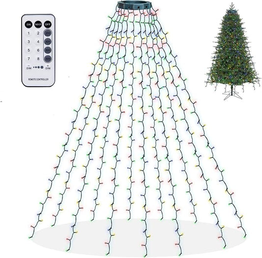 Dazzle Bright Christmas Tree Lights, 448 LED Waterfall Tree Topper Lights with Remote & 8 Lighting Modes, 8.2FT X 16 Lines Christmas Light for Outdoor Yard Party Xmas Trees Decoration (Multi-Colored)