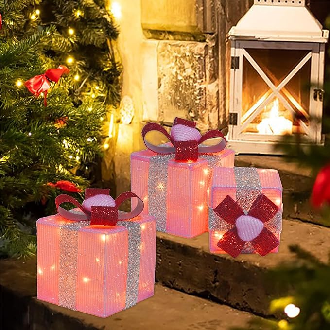 Set of 3 Lighted Gift Boxes, Plug-in 60 LED Light Up Pink Present Boxes for Christmas Decorations Indoor Home Wedding Holiday Birthday Party Porch (Pink Heart)