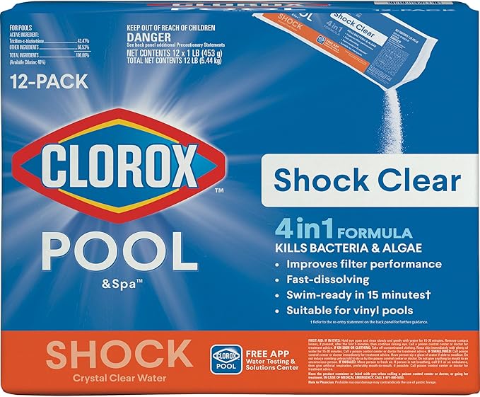 Clorox® Pool&Spa™ Shock Clear, for Crystal Clear Swimming Pool Water, Swim-ready in 15 minutes, Suitable for vinyl pools (12-Pack)