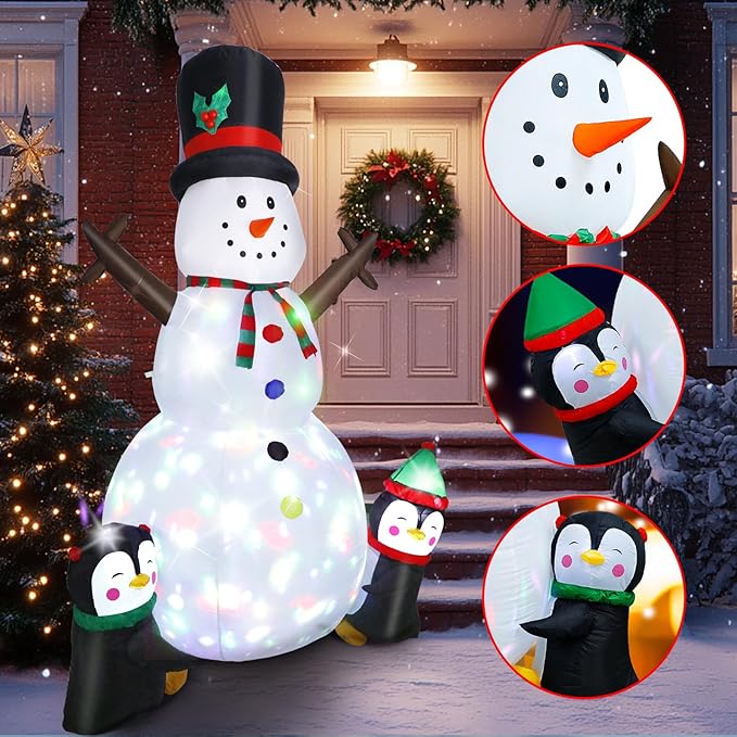 Dawdix 8FT Christmas Decs Inflatable Snowman, Christmas Blow Up Yard Decs Snowman with Penguins, Built-in Colorful Rotating LED Lights, for Holiday Xmas Party Garden, for Him, Her