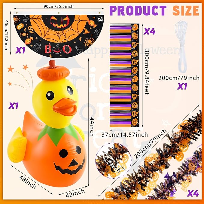 Hungdao 4ft Halloween Inflatable Pumpkin Duck Halloween Golf Cart Decorations Kit PVC Blow Ups Pumpkin Duck Tinsel Garlands Tinsel Streamers Fan Flag, Reusable Outdoor Decoration for Parade Yard