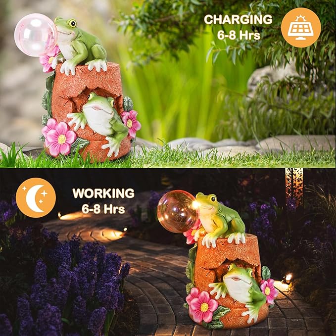 Afirst Solar Garden Outdoor Statues Frog Solar Garden Statue Blowing Bubble with Flowers Waterproof Resin Figurines Yard Outdoor Decorations for Patio Yard Lawn Ornament Gifts