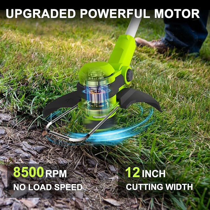 12 Inch String Trimmer Cordless, 21V Electric Weed Wacker with 2.0Ah Battery Powered, Auto Line Feed, 2 in 1 Trimmer and Lawn Edger with 4 Bonus Spools for Lawn, Garden, Yard