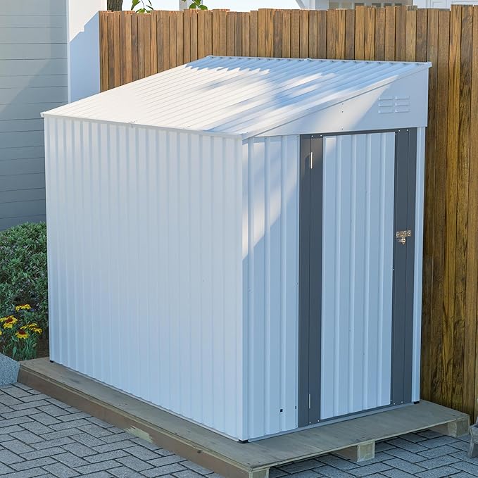 4x8 FT Outdoor Storage Shed,Lean to Lockable Metal Garden Shed Steel with Reinforced Beams,All Weather Waterproof Storage House W/Lockable Door&2 Air Vents,for Backyard,Patio,Lawn,Garden,White