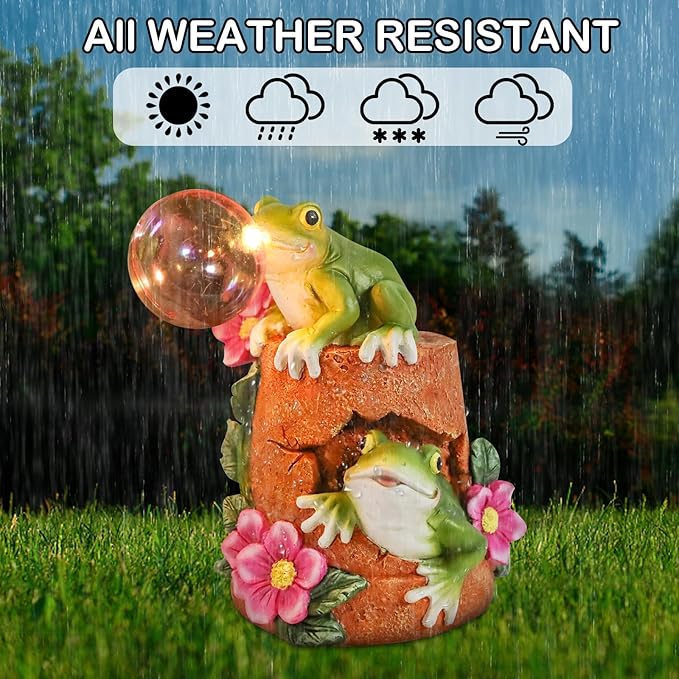 Afirst Solar Garden Outdoor Statues Frog Solar Garden Statue Blowing Bubble with Flowers Waterproof Resin Figurines Yard Outdoor Decorations for Patio Yard Lawn Ornament Gifts