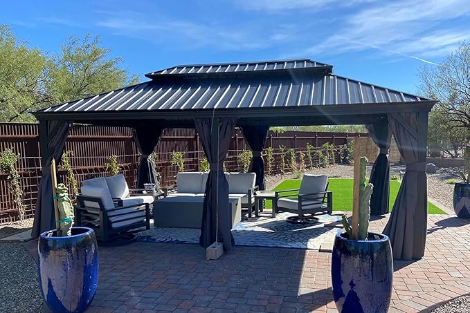 PURPLE LEAF 13' X 20' Permanent Hardtop Gazebo Aluminum Gazebo with Galvanized Steel Double Roof for Patio Lawn and Garden, Curtains and Netting Included Grey