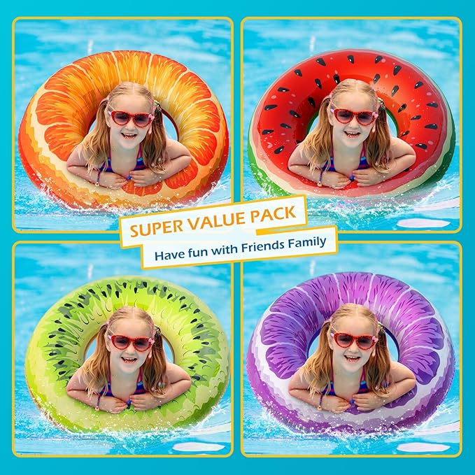 Jasonwell Inflatable Pool Floats Kids - 3 Pack Floaties Pool Tubes Swim Rings Fruit Water Floaty Watermelon Kiwi Orange Inflatable Pool Toys Float for Swimming Pool Party Lake Beach Kids Adults