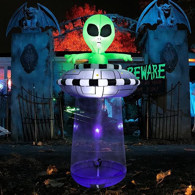 6FT Halloween Inflatable Alien with UFO Spaceship, Lighted Blow Up Outdoor Decoration with Spinning Lights, Giant Green Alien Prop for Lawn, Yard, Party, Haunted House