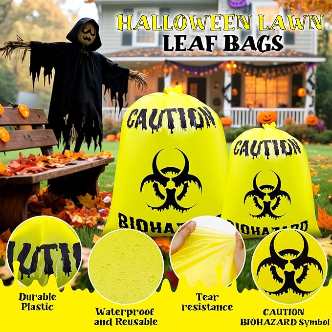 12 Pcs Large Halloween Leaf Bags Biohazard Halloween Decorations Halloween Trash Bags for Leaves Plastic Yard Lawn Waste Bag Scientist Biohazard Bag Outdoor Biohazard Zombie Party Decorations (Yellow)