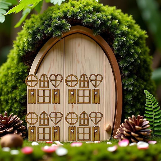 4 Pcs Wooden Fairy Garden Door and Windows Ornaments Tree Statues for Tree Trunk Yard Decoration Miniature Garden Buildings