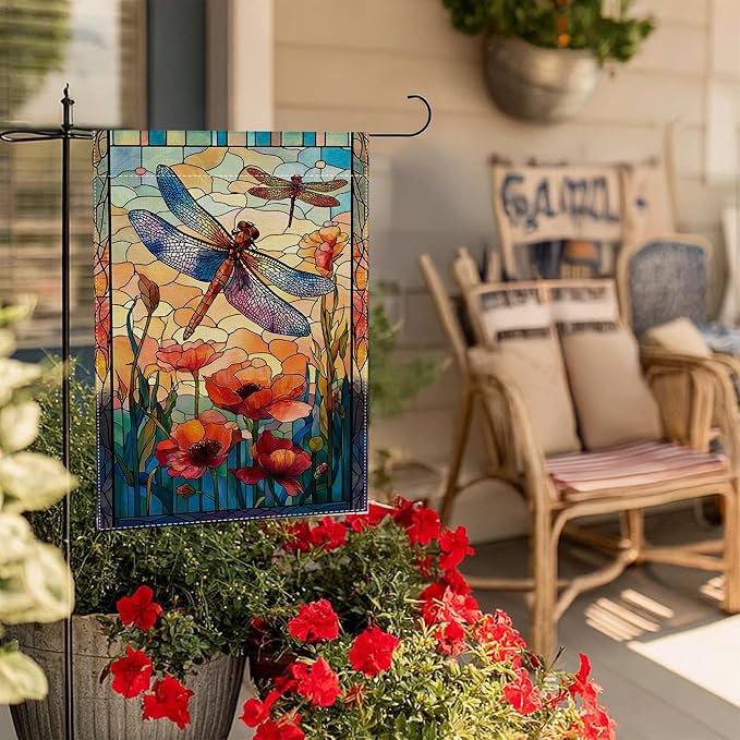 Garden Flags, Dragonfly Garden Flag, Stained Glass Style Dragonfly Floral Flag Double-Sided Flags for Farmhouse Yard Outdoor Decoration-12 x 18inch (Dragonfly2)