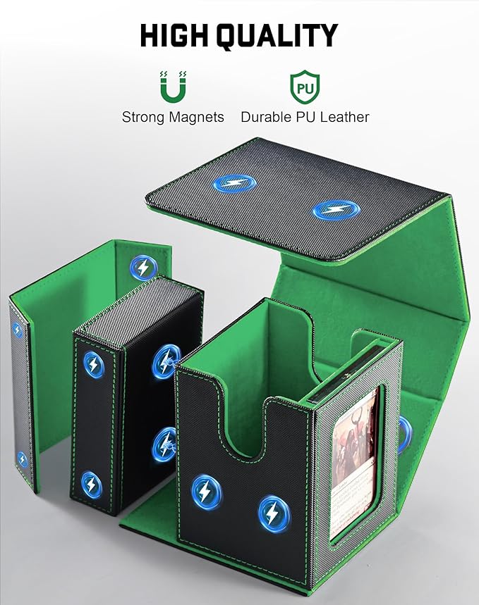 ZLCA MTG Commander Deck Box with Display Window, Deck Box Holds 100 Double-Sleeved with Dice Tray & 35pt Magnetic Card Holder（Black& Green）