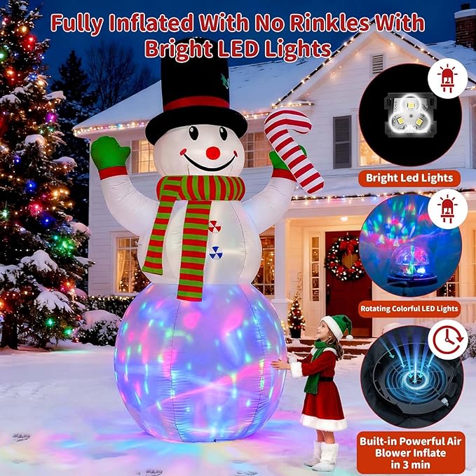 12FT Christmas Inflatables Snowman Outdoor Decorations, Giant Christmas Blow Up Snowman Inflatable in Waving Pose with Candy Cane, Rotating Colorful LED Light for Holiday Party Garden Yard Deco