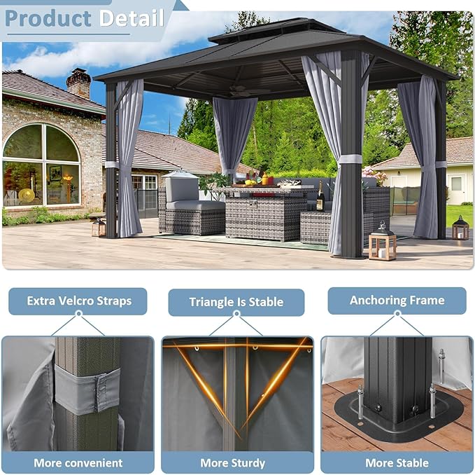 Aoxun 10Ft X 12Ft Hardtop Gazebo, Aluminum Metal Outdoor Gazebo with Breathable Netting and Curtains, Galvanized Steel Horizontal Double Top, Permanent Patio Pavilion for Dining, Wedding, Party