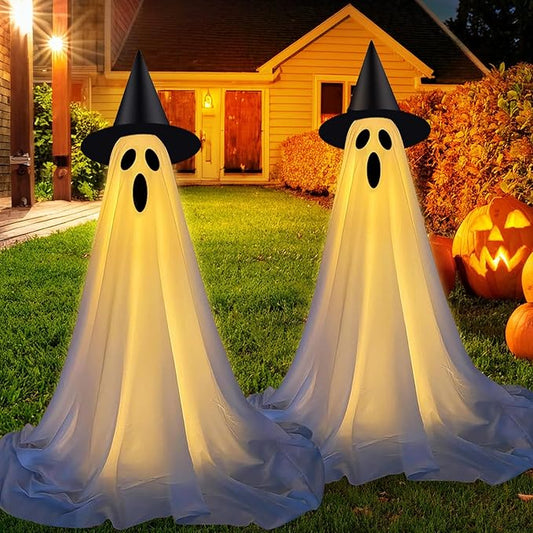 Outdoor Halloween Decorations - 2 Pack Light-Up Ghost Decor with Adjustable Height for Outdoor Porch & Yard, Frightening Standing Ghosts with LED Lights - Scare for a Haunted Halloween