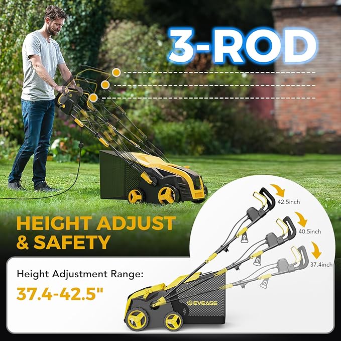 EVEAGE 16 Inch 2-in-1 Electric Dethatcher and Scarifier 5-Position Depth Adjustment,Lawn Dethatcher with 15 Amp Copper Motor, Removeable 14.5-Gal Collection Large Capacity Bag,Quick-Fold,Yellow