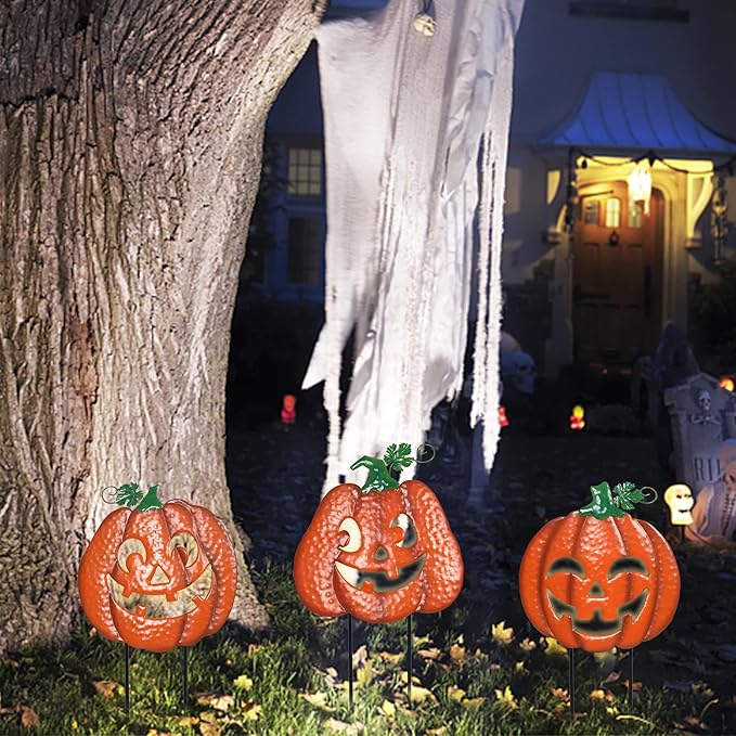 Juegoal 3 Pack Halloween Lighted Pumpkin Garden Stakes, Metal Jack-o-Lantern Light Up Outdoor Decor, Halloween Yard Signs with Battery Powered & Timer, Decorative Pumpkins Figurine for Lawn Pathway