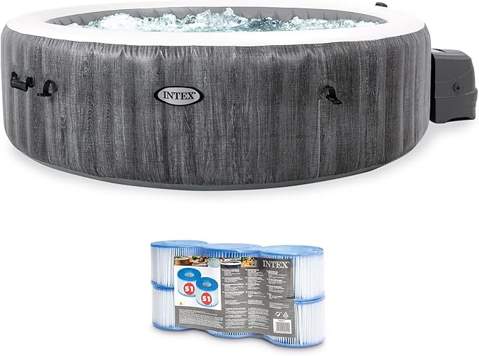 INTEX PureSpa Plus Greywood 6 Person Inflatable 85" Round Hot Tub Bubble Jet Spa and Easy Set Type S1 Replacement Filter Pump Cartridges (6 Pack)