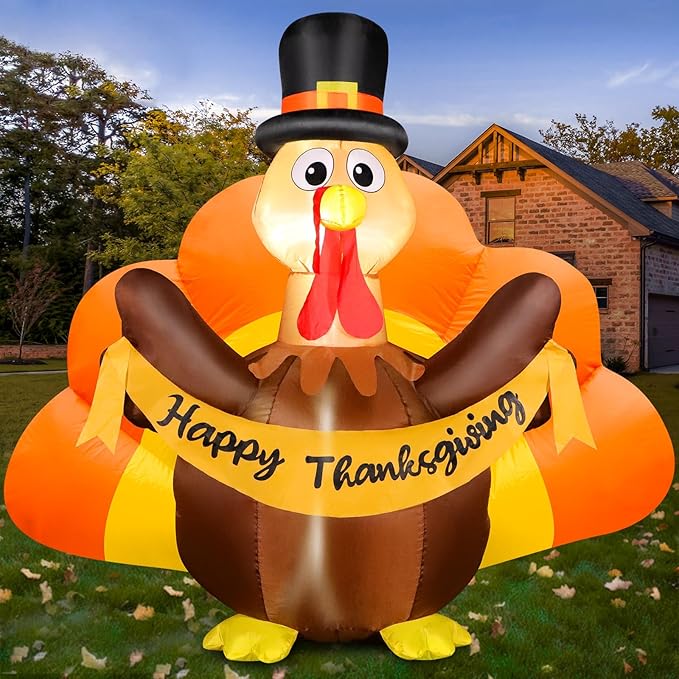 FunFanso Thanksgiving Inflatables Turkey Outdoor Decorations with Built-in LED Lights, 4.5FT Tall Blow Up Turkey with Pilgrim Hat and Colorful Tail for Lawn Yard Garden Party House Holiday Decor