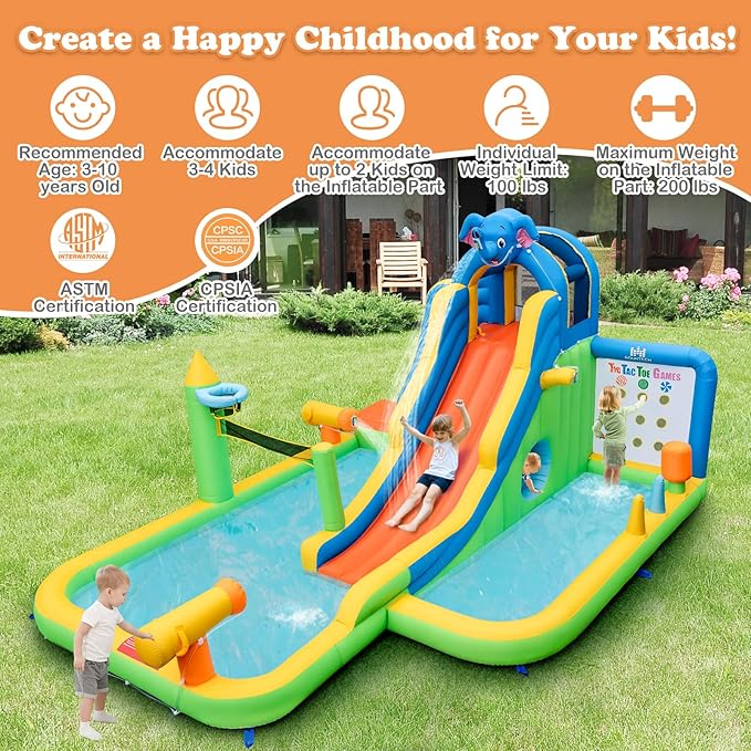 BOUNTECH Inflatable Water Slide, Elephant Surfing Slide Kids Water Park Jump Bouncy Castle w/2 Splash Pools, Hide & Seek Cave, Outdoor Water Slides Inflatables for Big Kids Backyard Party Gifts