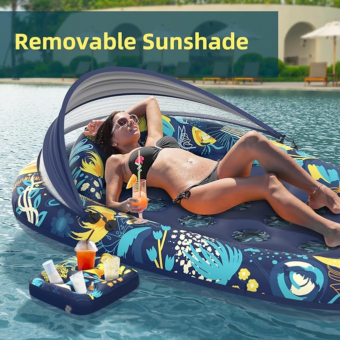 3-in-1 Pool Floats with Canopy Cup Holder, Large 73" x 48" Pool Floats Adults Heavy Duty, Inflatable Lounger Raft Floating Chair with Backrest, Swimming Pool Lake Beach Pool Party