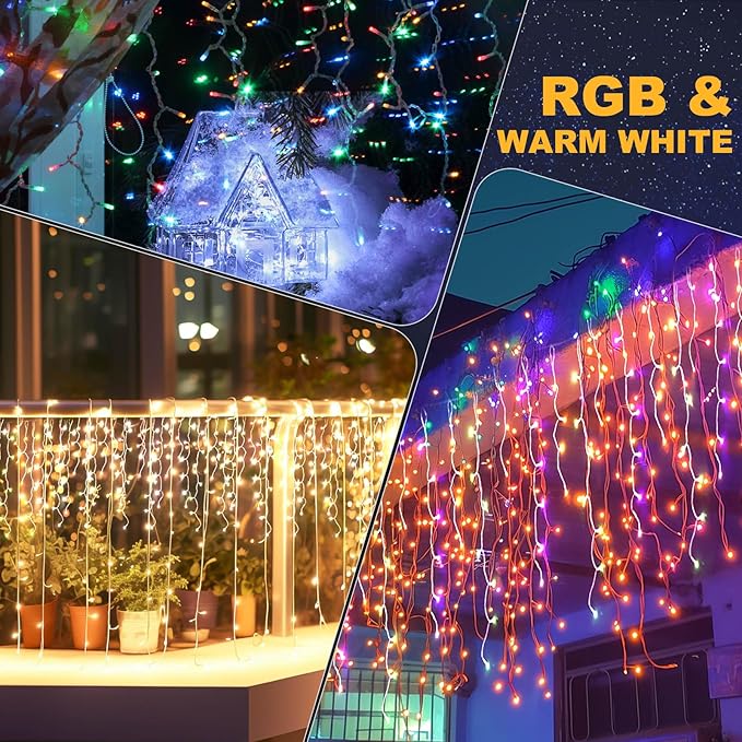 Christmas String Lights Outdoor, App and Remote Control, Warm White to Multicolor 49ft with 640 LEDs Waterproof for Outside Yard Patio Eave Decorations