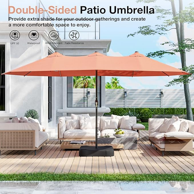 Joyside 15FT Large Patio Umbrella with Base Included, Outdoor Double Sided Umbrella, Rectangle Umbrella with Crank Handle, 12 Sturdy Ribs for Deck, Porch and Pool