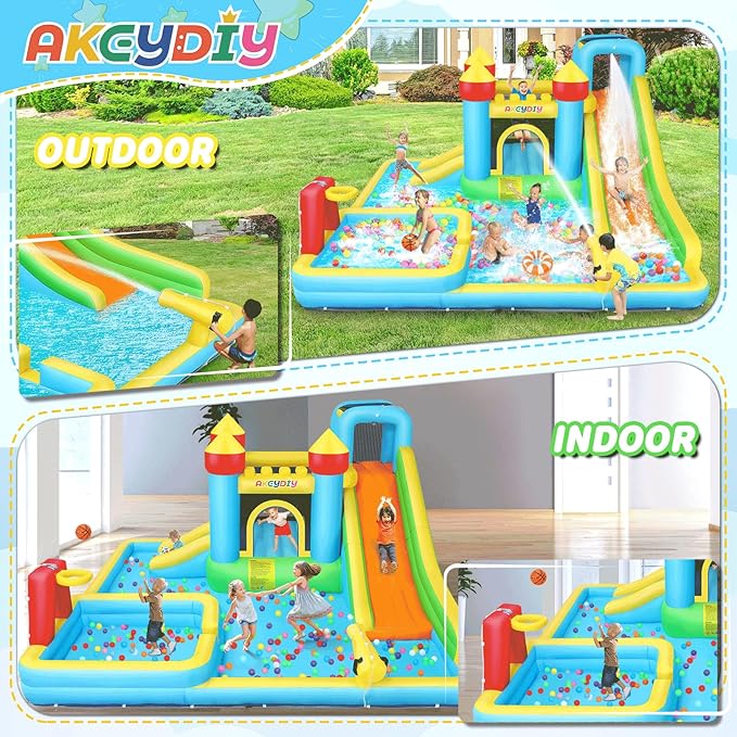 AKEYDIY Inflatable Water Slide Bounce House for Kids 3-12, Mega Water Bounce House Park w/ 2 Slides, Splash Pool & Deep Pool, Basketball Hoop, Water Cannon, 8 in 1 Backyard Water Park with Blower