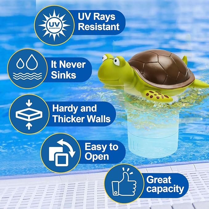 Pool Chlorine Floater, Large Capacity Floating Chlorine Dispenser Fits Up to 5 Pc 3-Inch Chemical Tablets, Heavy-Duty Plastic-Anti-Aging,Top Vacuum Design- Prevent sinkin (Turtle)