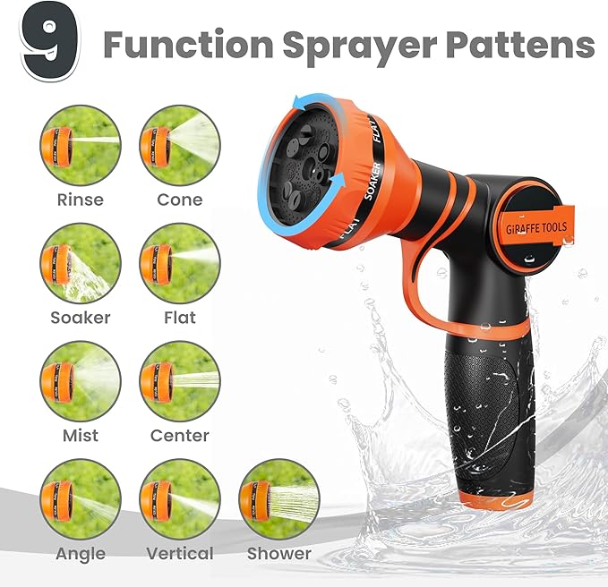 Girafe Tools Garden Hose 25ft x 5/8", 304 Stainless Steel Metal Water Hose, No Kink Garden Water Hose with 9 Pattern Spray Nozzle, Flexible, Lightweight, Kink Free Hose for Yard, Outdoor