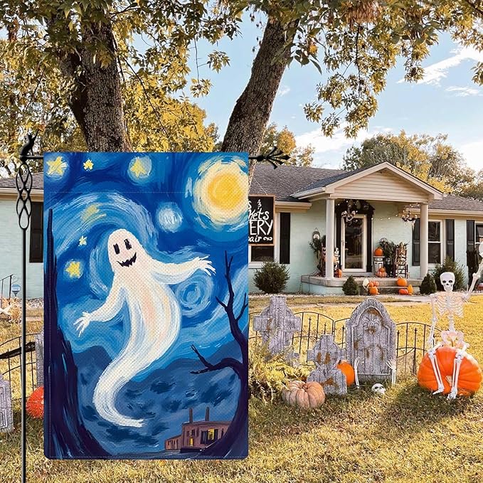 Starry Night Ghost Garden Flag Halloween Holiday Garden Flag Vertical Double Sided Rustic Farmland Burlap Yard Lawn Outdoor Decor 12.5x18"