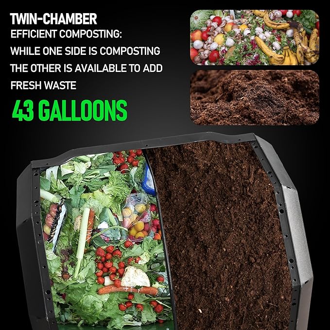 Hourleey Compost Bin Outdoor, 43 Gallon Dual Chamber Tumbling Composting Bin with Sliding Doors, Tumbler Rotating Batch Composter Bin for Garden Kitchen Yard