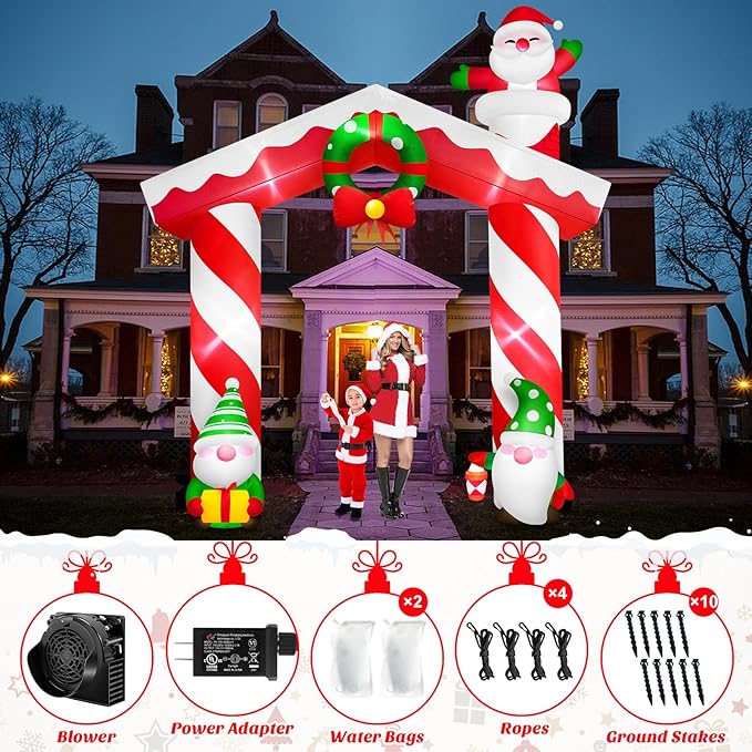 Danxilu 10 FT Giant Christmas Inflation Archway Outdoor Decoration, Blow Up Yard Decorations with Gnomes & Santa Claus Built-in LEDs Xmas Inflatable Arch for Outside Garden Lawn Holiday Party Decor