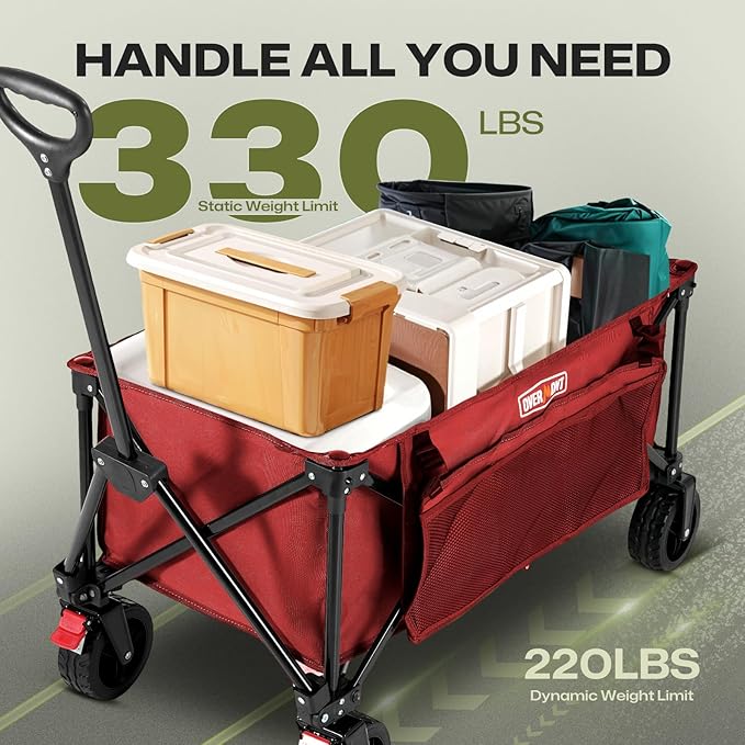 Overmont Collapsible Wagon Cart with Wheels - 180L Foldable Heavy Duty Wagon with Big All-Terrain Wheels - 330Lbs Weight Capacity with Side Pockets for Camping Sports Garden Grocery Shopping red