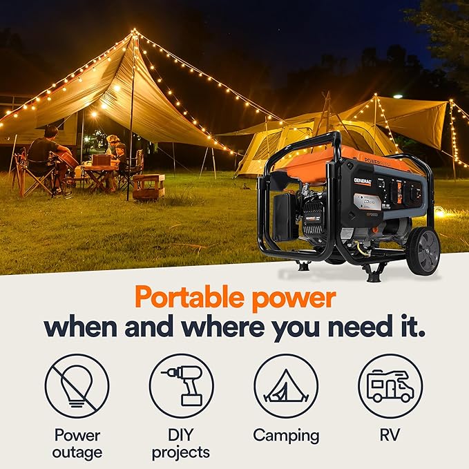 Generac 4,500 Starting Watt Portable Gas Generator - Electric Start - Home Backup or RV Ready - Heavy Duty Frame - Quiet, Long Runtime, Emergency Power- 49-State Compliant