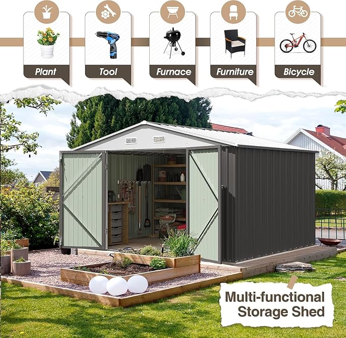 Furniwell 10x8 FT Outdoor Storage Shed, Metal Garden Sheds Outdoor Storage House with Single Lockable Door for Backyard Patio Lawn, Gray
