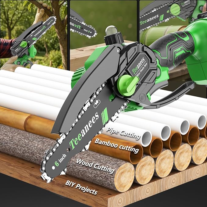 Mini Chainsaw Cordless 6 Inch, Electric Chainsaw Battery Powered with Auto Oiler, Security Lock for Wood Cutting, Tree Trimming, Garden & Household Use(1 Batterie)