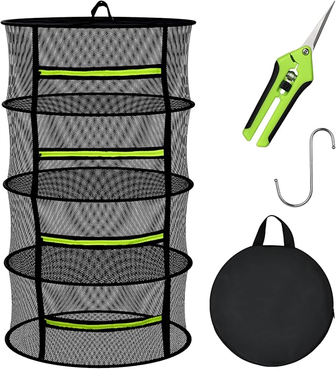 4 Layer Herb Drying Rack Hanging, Plant Drying Rack, Bud Drying Net,Foldable Hanging Dry Rack Net with Green Zipper, Garden Shears & Hooks, for Herbs, Seeds Indoor/Outdoor (23.62")