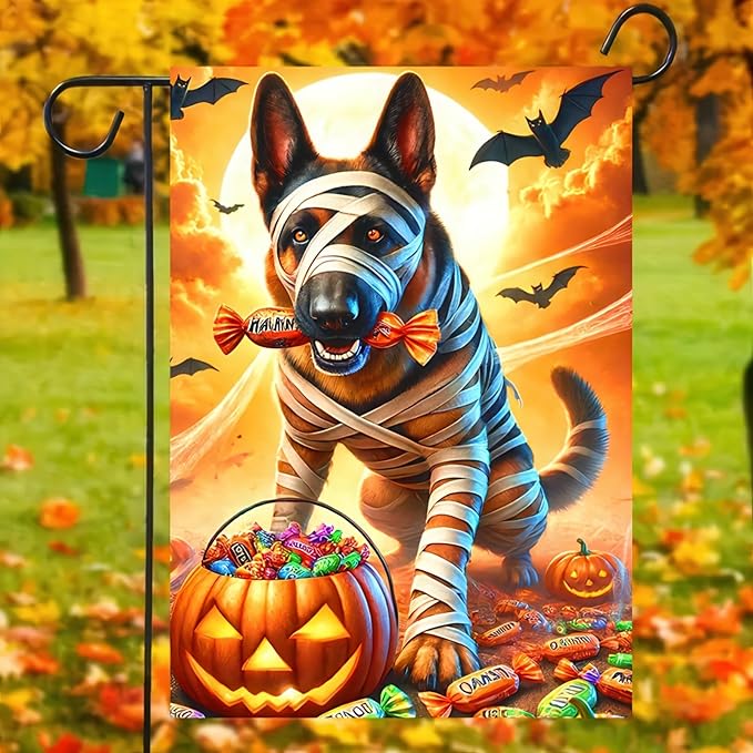 Halloween Garden Flag 12x18 Double Sided - Pumpkin German Shepherd Decorations for Home Outdoor - Dog Yard Flags for Outside