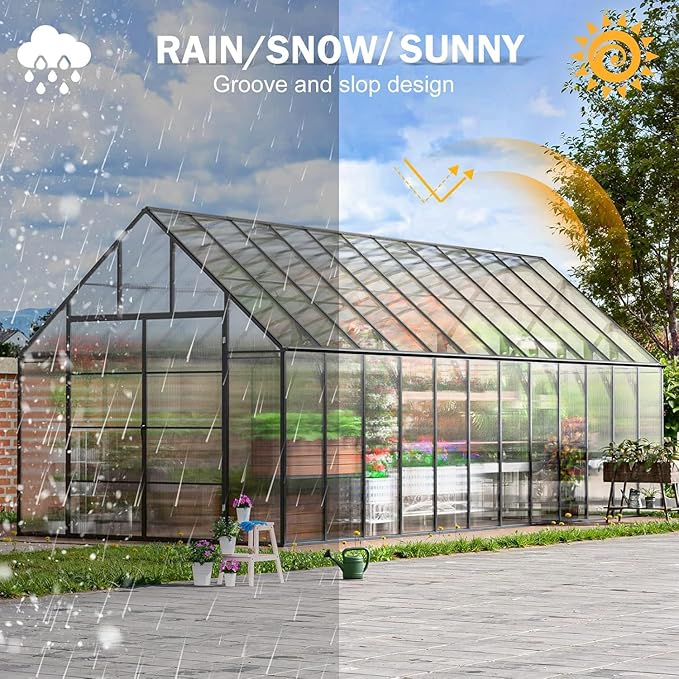 10x24 FT Large Greenhouse, Easy Assembly Hybrid Polycarbonate Greenhouses for Outdoors w/5 Vent Windows & Swing Door Walk-in Greenhouses Aluminum Green House for Outside, Black